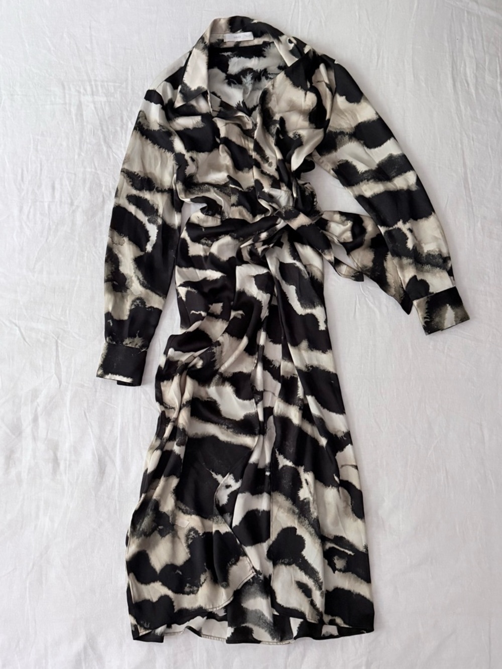 Mango Black and White Printed Long Sleeve Wrap Dress